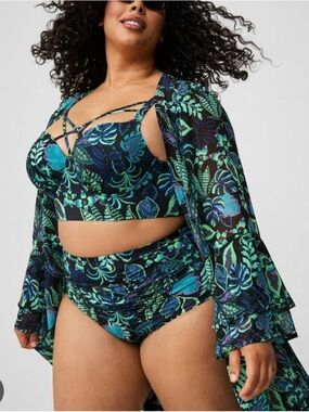 torrid Teal & Navy Floral Strappy Bikini with High-Waist Bottoms